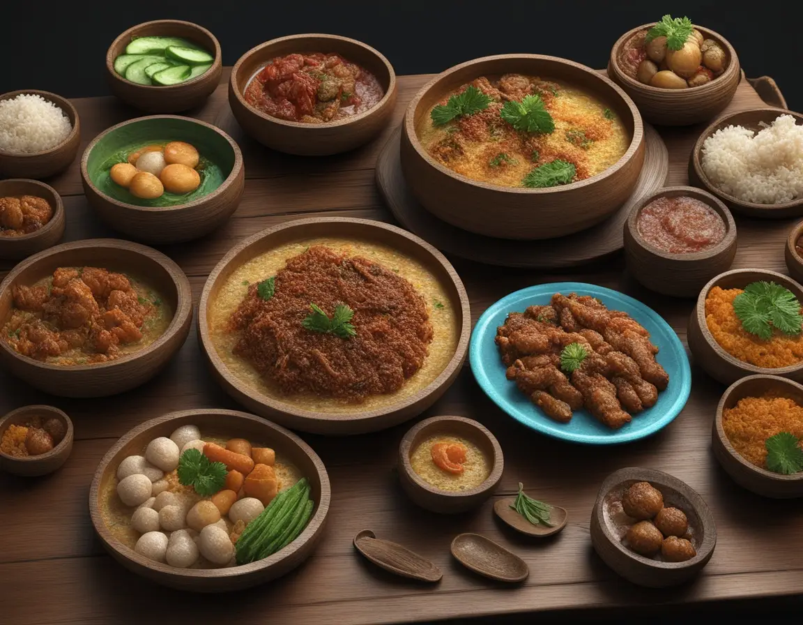 A colorful spread of traditional Meghalaya dishes, featuring Jadoh, Dohneiiong, and other local delicacies on a wooden table.