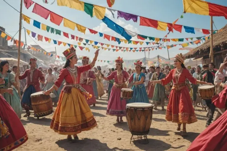 A vibrant festival scene with people dressed in traditional outfits, dancing, and playing drums, under a sky full of colorful flags.