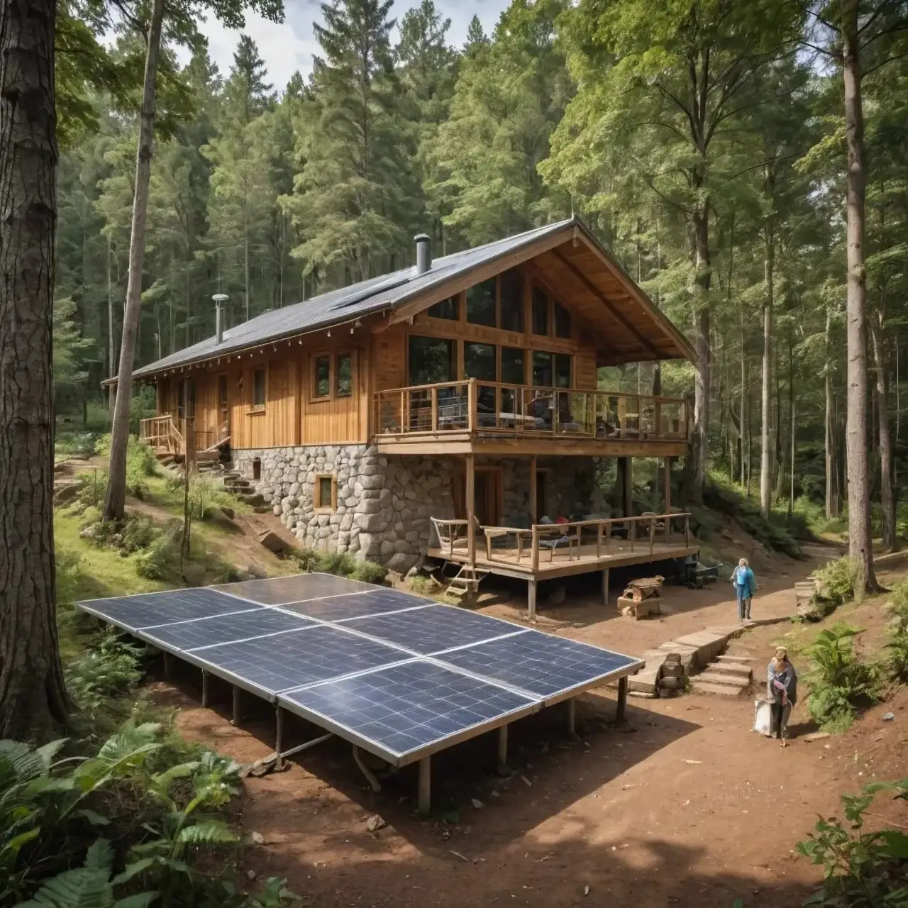 An eco-friendly lodge nestled in the forest, with solar panels and a small group of tourists participating in a conservation activity