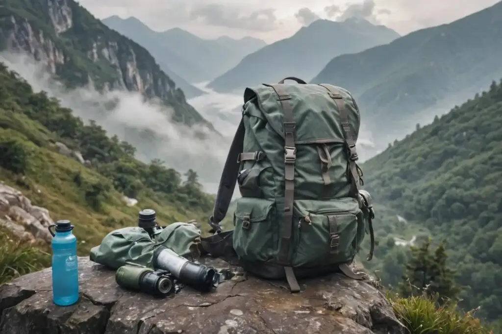 A traveler's backpack with essential items like a map, camera, and water bottle, set against the backdrop of a misty mountain trail