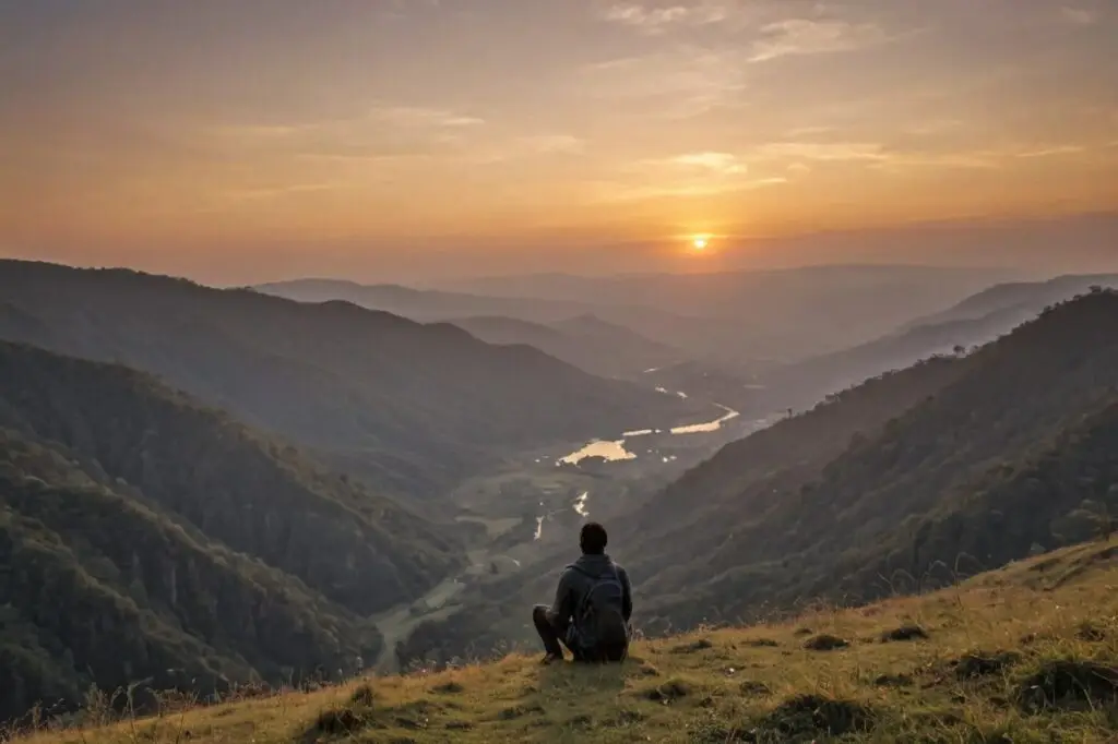 A serene sunset over the hills of Meghalaya, with a silhouette of a lone traveler gazing at the horizon, embodying a sense of wonder and fulfillment.