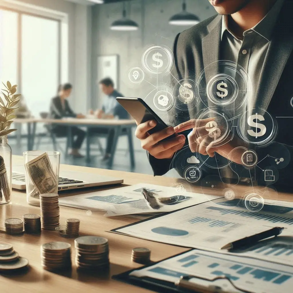 A high-resolution photograph of a person in a modern office setting, using a smartphone to check their financial app. The person is surrounded by real-life objects representing budgeting, savings, and investments, such as coins, paper money, and financial documents. The background should be a clean, well-lit office space with natural lighting coming through large windows, evoking a sense of professionalism and focus on financial growth in 2024