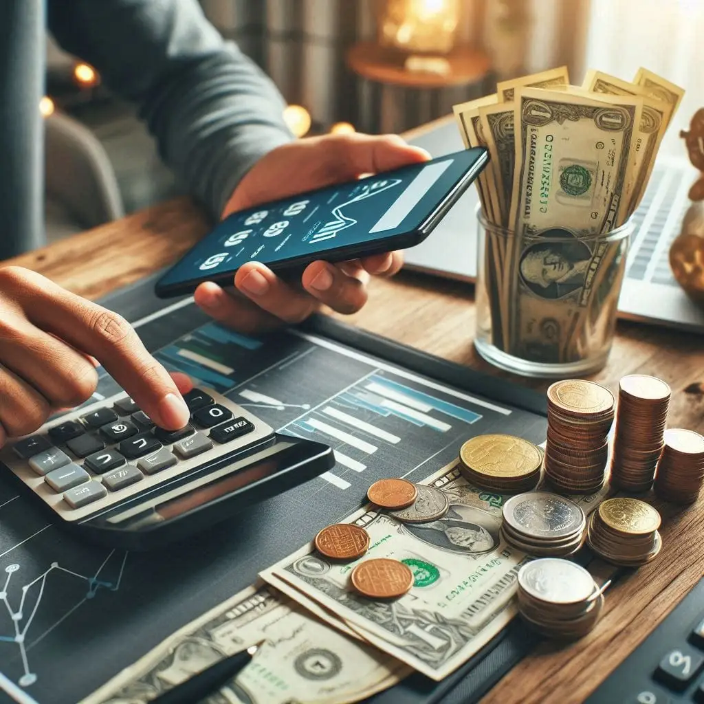 A close-up photograph of a person using a budgeting app on a smartphone, with real-life currency notes, coins, and a calculator on a desk. The scene is set in a well-lit, cozy home environment, with the background showing an out-of-focus chart displaying rising prices to symbolize inflation