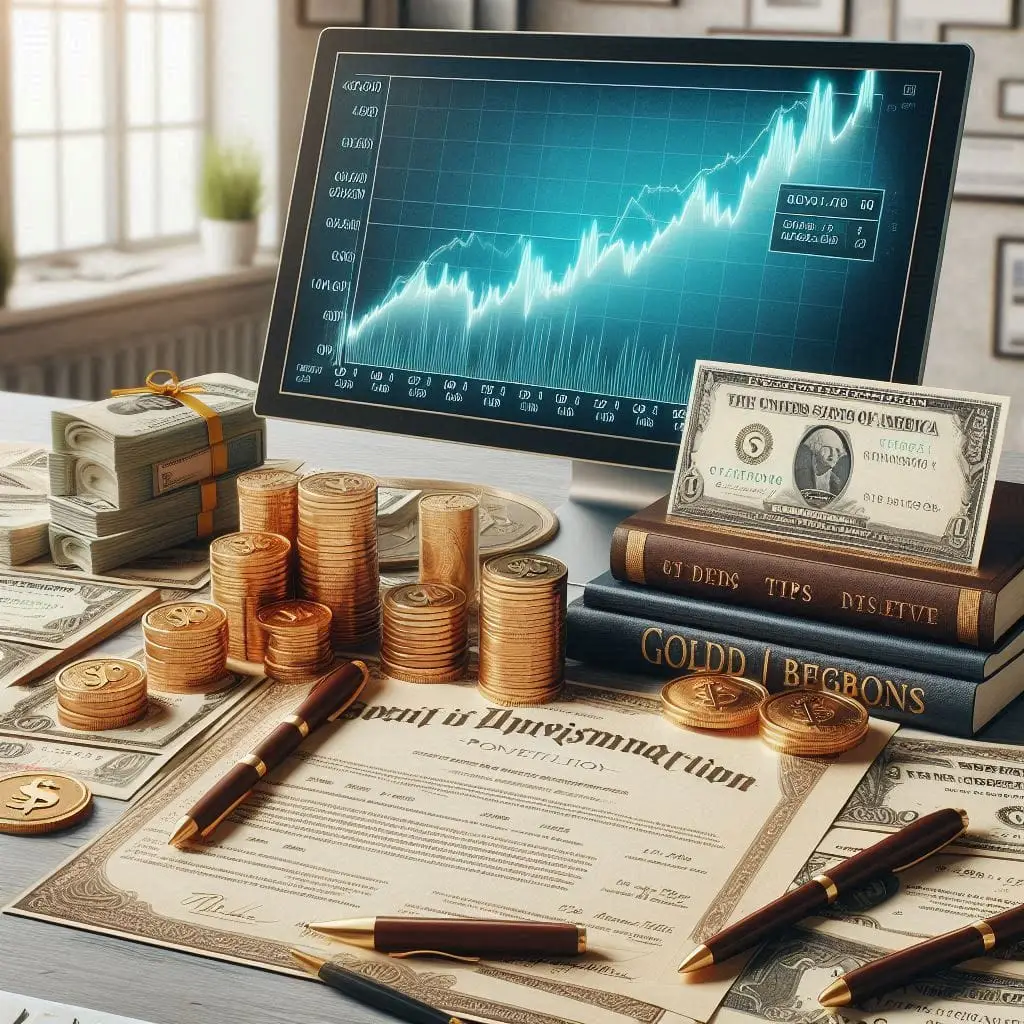 A realistic image of a diverse investment portfolio laid out on a desk, featuring real-life stock certificates, a property deed, gold coins, and TIPS bonds. The background is an office with a computer screen showing a positive upward trend graph, emphasizing the importance of wise investments