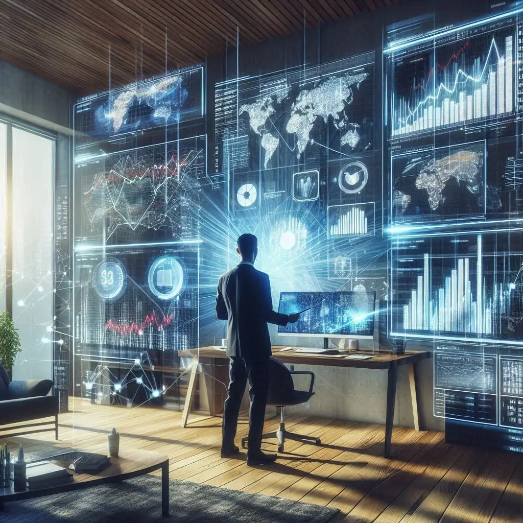 A realistic image of a person in a modern home office, surrounded by multiple screens displaying financial news, stock market data, and investment portfolios. The scene is dynamic, with natural daylight illuminating the room, reflecting the importance of staying informed and proactive.