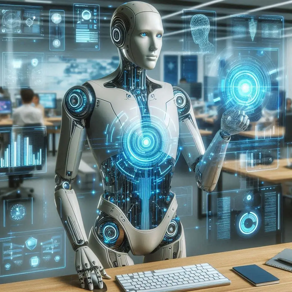 A hyper-realistic image of a futuristic AI assistant in a modern office setting, interacting with a holographic interface displaying complex data analytics. The assistant has a sleek, humanoid design with glowing circuits on its body, surrounded by floating data points and digital screens, emphasizing AI's integration into everyday work environments