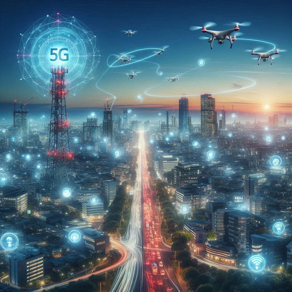 A realistic cityscape at dusk with a 5G tower prominently visible, surrounded by a network of glowing, connected devices including autonomous cars, smart streetlights, and drones in the sky. The image should show the seamless connectivity of 5G technology, with light trails representing high-speed data transmission between devices