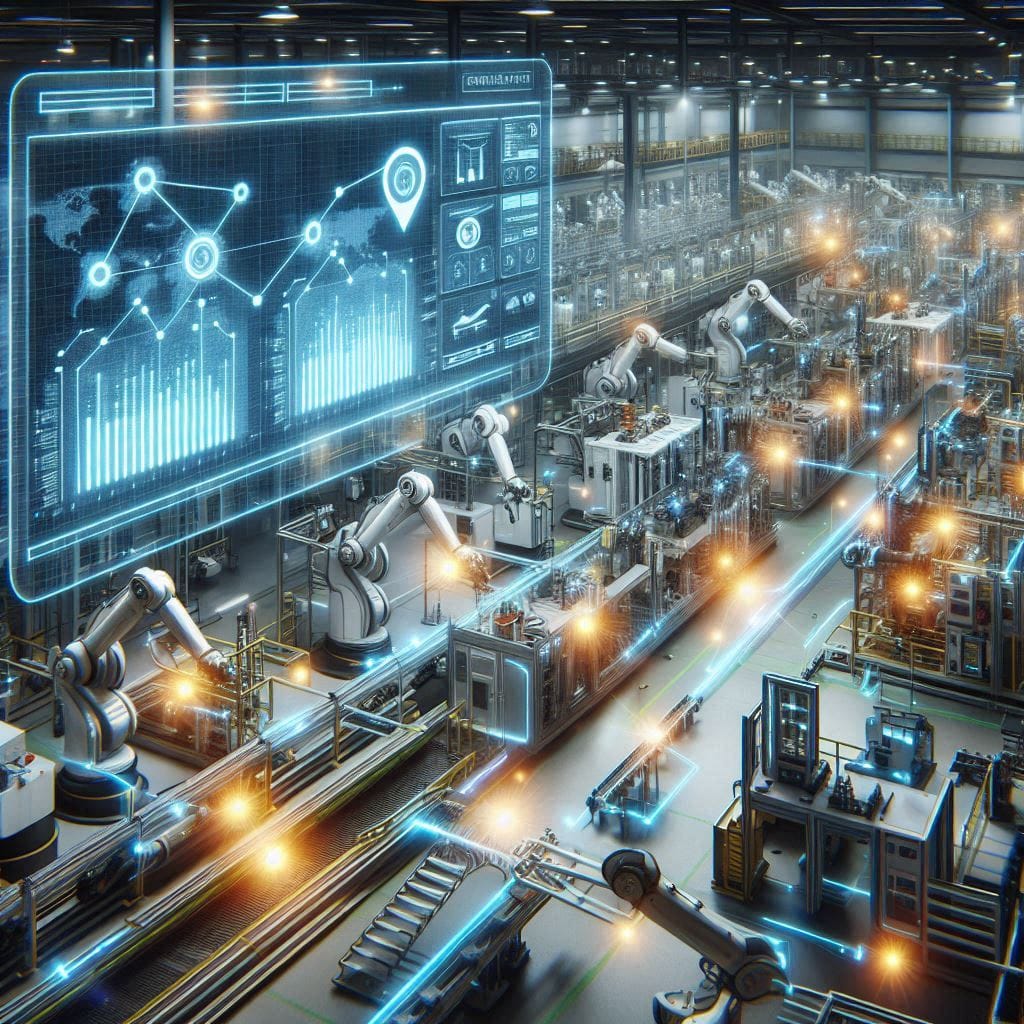 A detailed image of a factory floor with robots and automated machinery, all connected to a central edge computing device. The device is processing data in real-time, visualized by glowing pathways linking various machines. The background shows digital screens with performance metrics, highlighting the speed and efficiency of edge computing in industrial applications