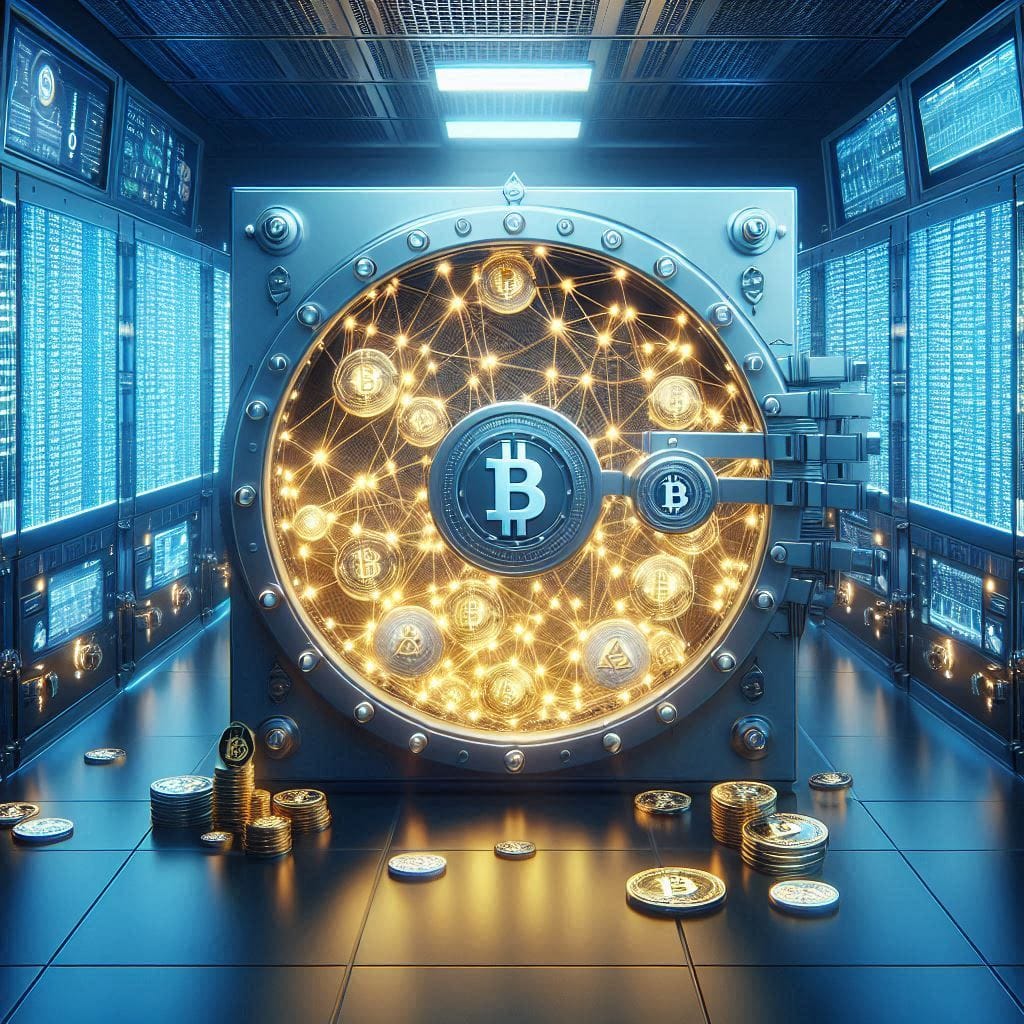 A realistic, high-tech vault in a secure, modern facility filled with glowing digital coins and blockchain nodes interconnected by golden chains of code. The scene is illuminated with a soft blue light, symbolizing the security and transparency of decentralized finance. Screens in the background display live cryptocurrency transactions and blockchain data