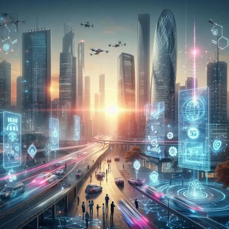 A hyper-realistic, futuristic cityscape at dawn, showcasing a seamless integration of emerging technologies. The skyline features sleek skyscrapers with holographic billboards displaying AI-driven advertisements, and a 5G tower glowing with energy. Autonomous vehicles and drones navigate the air and streets below. In the foreground, a group of diverse professionals interact with transparent digital interfaces, while quantum circuits and blockchain symbols subtly weave into the sky, representing the interconnected future. The overall scene should blend technology with everyday life, creating a vision of the near-future where innovation shapes reality