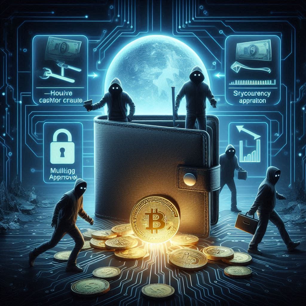 an image showing the inside of a digital wallet, with the multisig approval process highlighted. Depict the wallet being breached by shadowy hacker figures, with stolen cryptocurrency flowing out.