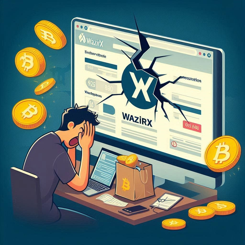 the aftermath of the hack, with distraught WazirX users checking their empty accounts on the exchange's website and mobile app. Show the exchange's logo cracked or damaged to symbolize the breach.