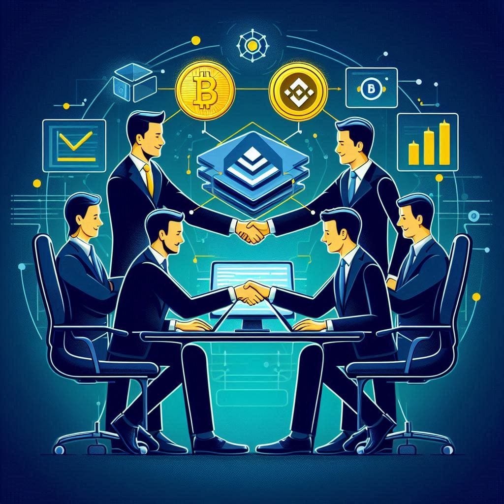 image showcasing the coordinated effort between WazirX, Binance, and other exchanges to track and recover the stolen funds. Depict the executives of these companies shaking hands or working together on a computer.