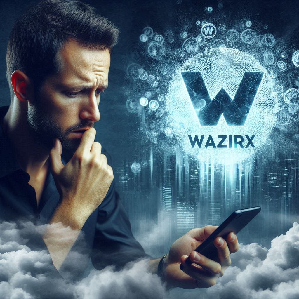 representing the uncertainty facing WazirX users and the exchange itself in the wake of the hack. Show a user looking at their phone with a worried expression, while the WazirX logo fades into a cloudy, uncertain background.