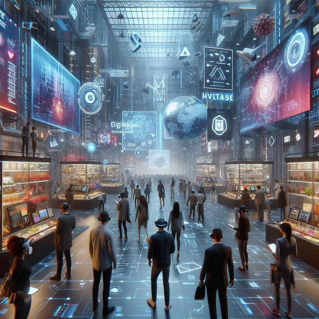 A hyper-realistic scene of users wearing VR headsets exploring a virtual marketplace in the metaverse. The environment is filled with digital art, NFTs, and interactive elements, showcasing the future of commerce in a decentralized world.