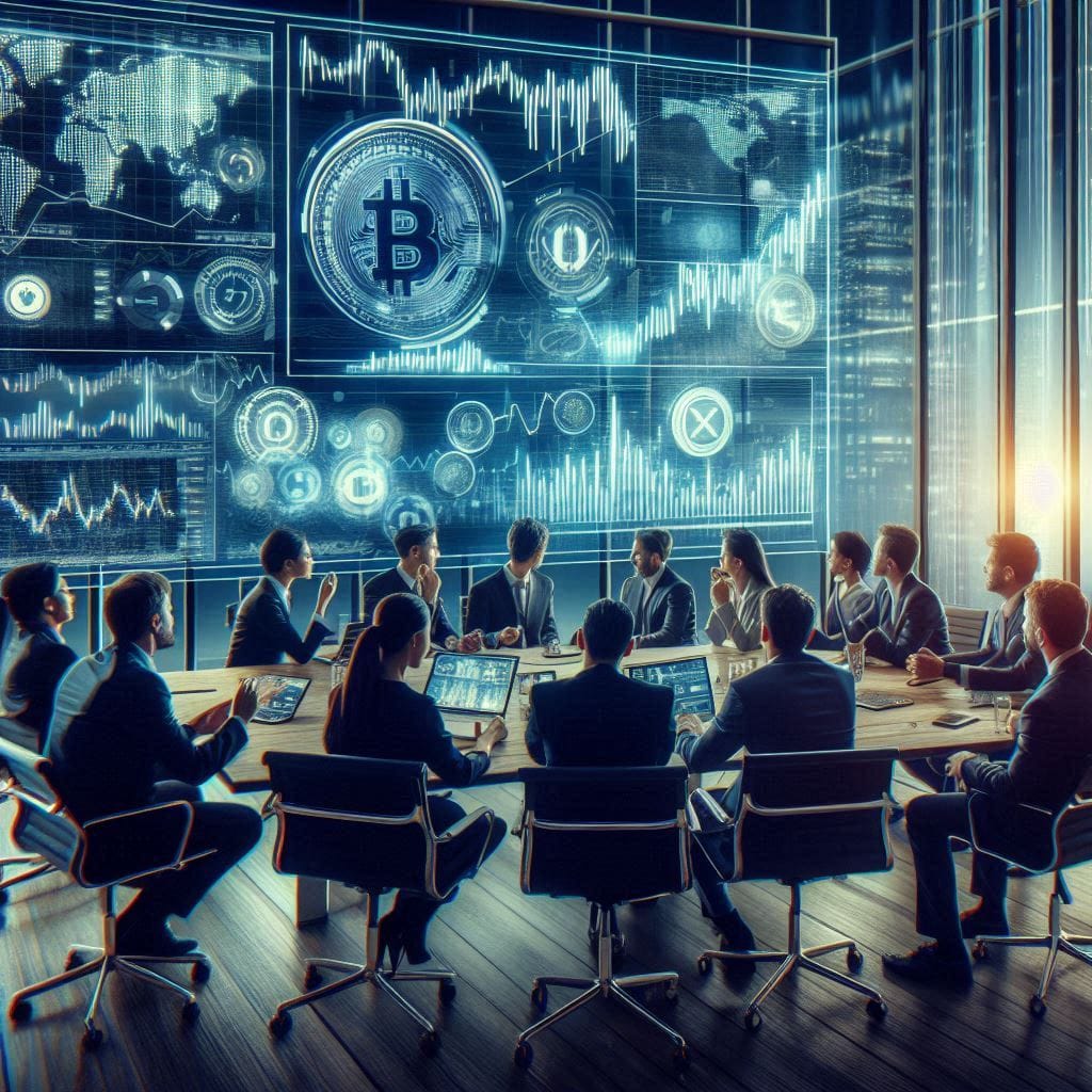 A cinematic image capturing the excitement of cryptocurrency investment. Show a diverse group of investors in a high-tech conference room, analyzing charts and graphs on large screens, with a digital ticker displaying real-time cryptocurrency prices in the background