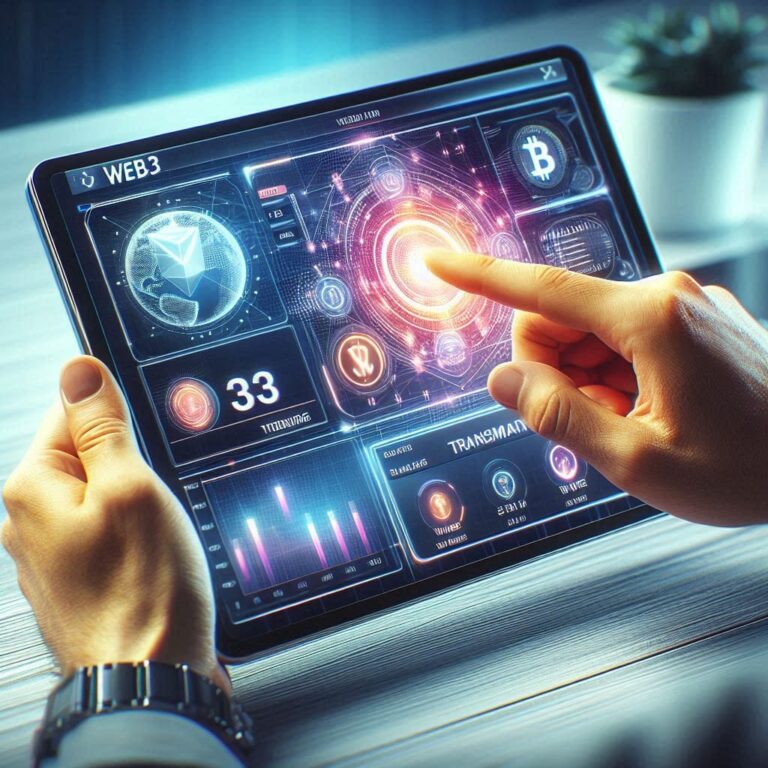 A hyper-realistic representation of a user interacting with a Web3 application on a sleek tablet. The screen displays a user-friendly interface for managing digital assets, with vibrant graphics illustrating transactions and wallet balances against a modern, minimalistic background