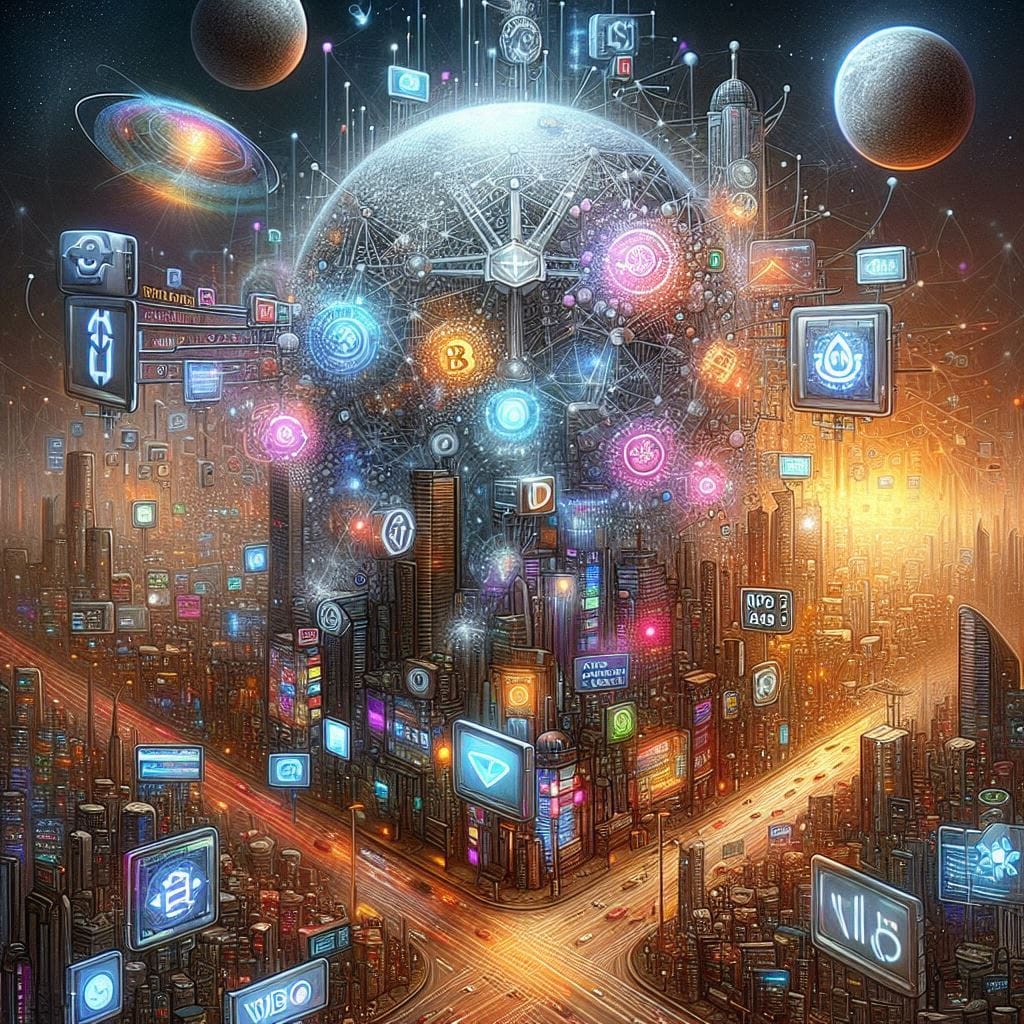 An intricate, hyper-realistic illustration of the Web3 ecosystem, featuring various components like NFTs, DAOs, and decentralized applications (dApps). Use a futuristic cityscape as the backdrop, with digital billboards displaying cryptocurrency prices and blockchain transactions