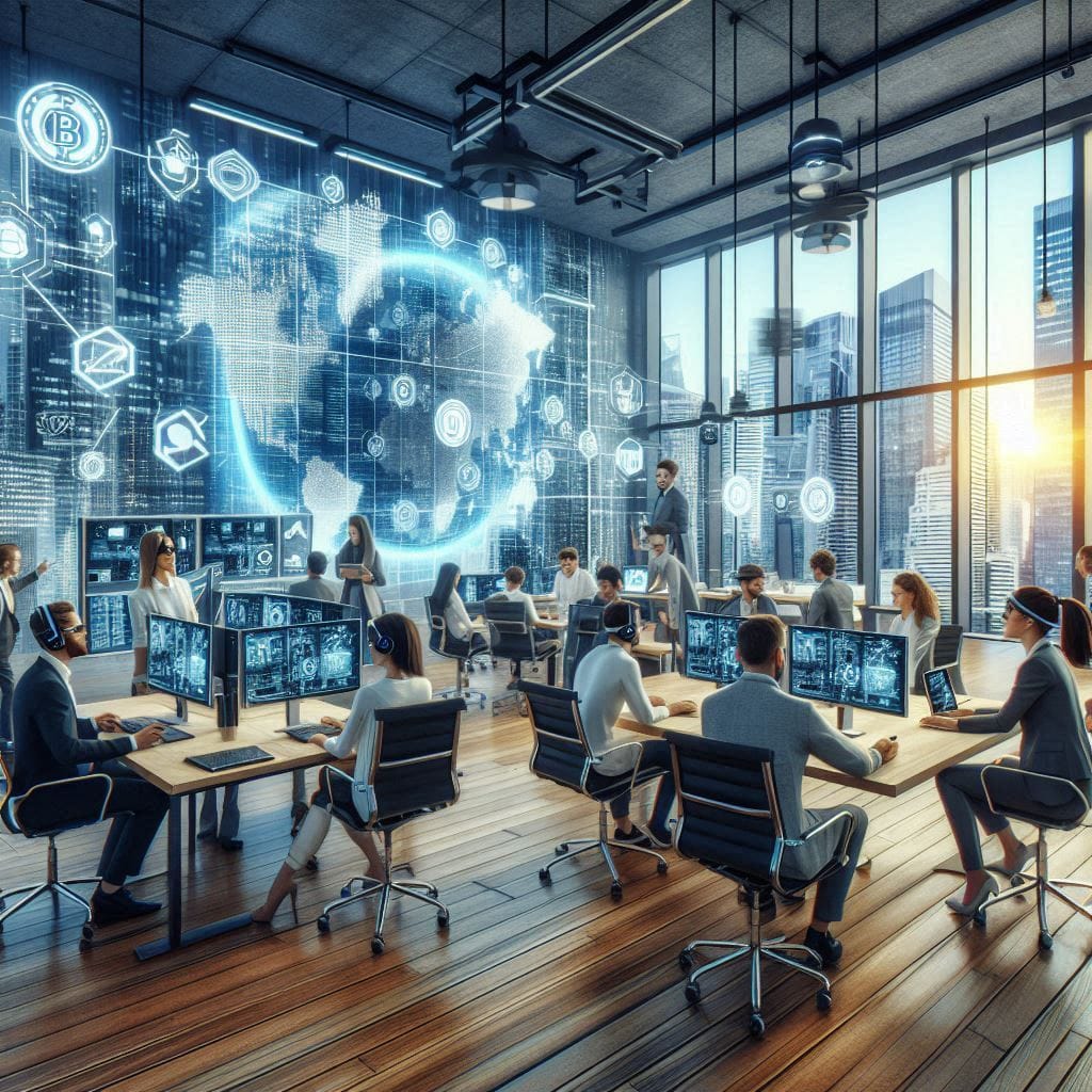 A hyper-realistic depiction of a modern startup office filled with diverse team members collaborating over digital screens displaying blockchain data. The room is bright with large windows, showcasing a city skyline, and features high-tech gadgets like VR headsets and holographic displays