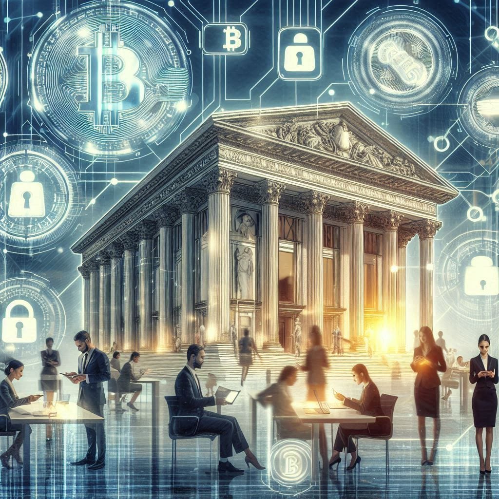 A visionary image illustrating the future of finance, combining traditional banking elements with modern cryptocurrency features. Include a sleek bank building with digital overlays of blockchain technology, cryptocurrency symbols, and people engaging in transactions using mobile devices