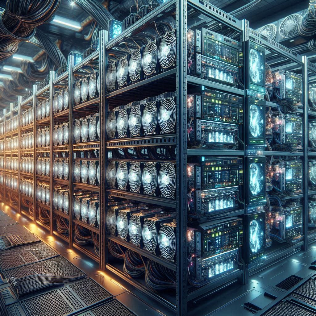 A detailed, hyper-realistic depiction of a cryptocurrency mining operation. Show rows of powerful mining rigs with LED lights, cooling systems, and digital monitors displaying mining statistics, all set in a high-tech facility