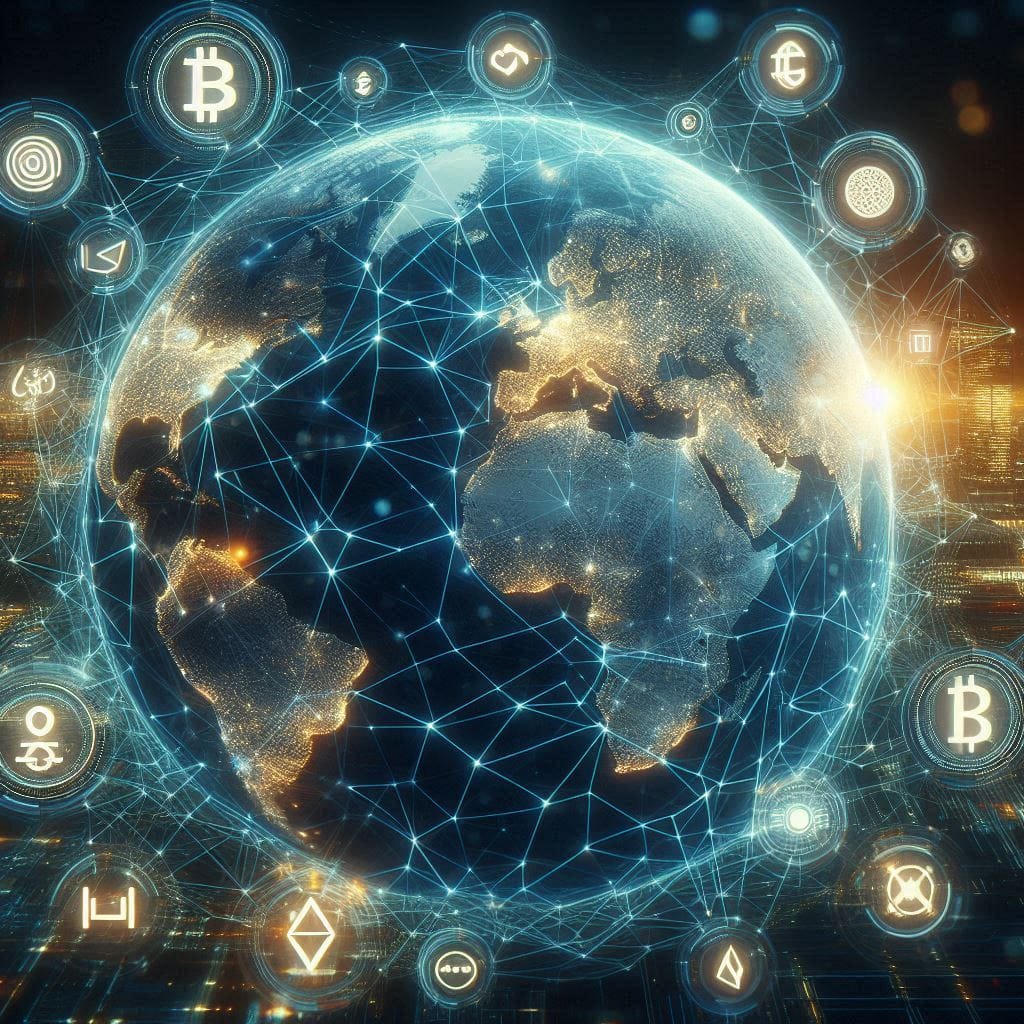 An expansive view of a hyper-realistic globe interconnected with glowing lines representing the global cryptocurrency network. Include symbols of various cryptocurrencies and blockchain nodes, emphasizing the decentralized nature of the financial system.