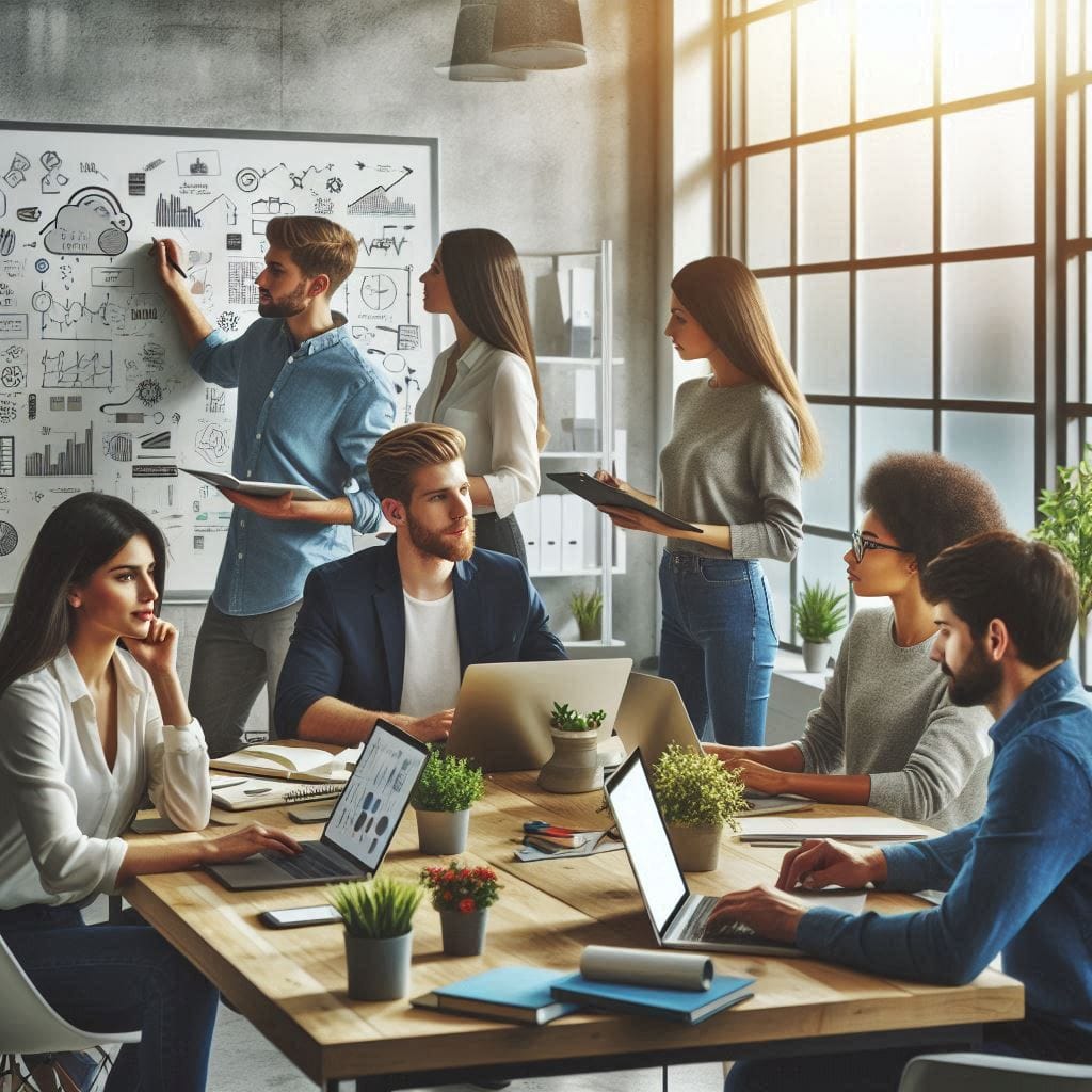 photorealistic image of a modern startup office with diverse employees collaborating around a table, laptops open, and brainstorming on a whiteboard