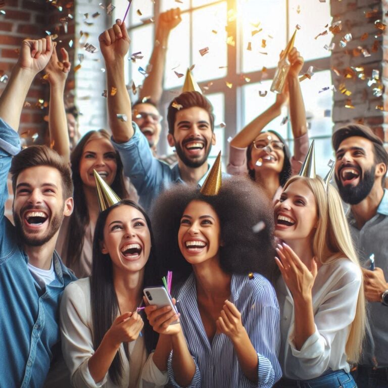 A candid shot of a diverse group of young professionals celebrating in an office, with confetti in the air and smiles all around, capturing the joy of achieving unicorn status