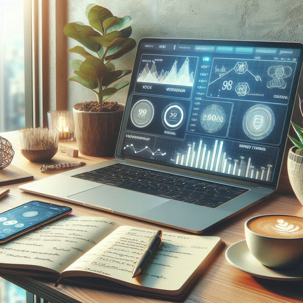 a high-resolution image of a modern workspace featuring a laptop displaying a digital dashboard with graphs and charts related to social tokens and cryptocurrency. Include elements such as a smartphone showing a social media app with engagement metrics, a notebook with handwritten notes about blockchain technology, and a cup of coffee. The setting should be well-lit and aesthetically pleasing, resembling a cozy yet professional environment, with soft natural light coming through a window. The overall composition should convey a sense of innovation, creativity, and engagement in the digital economy.