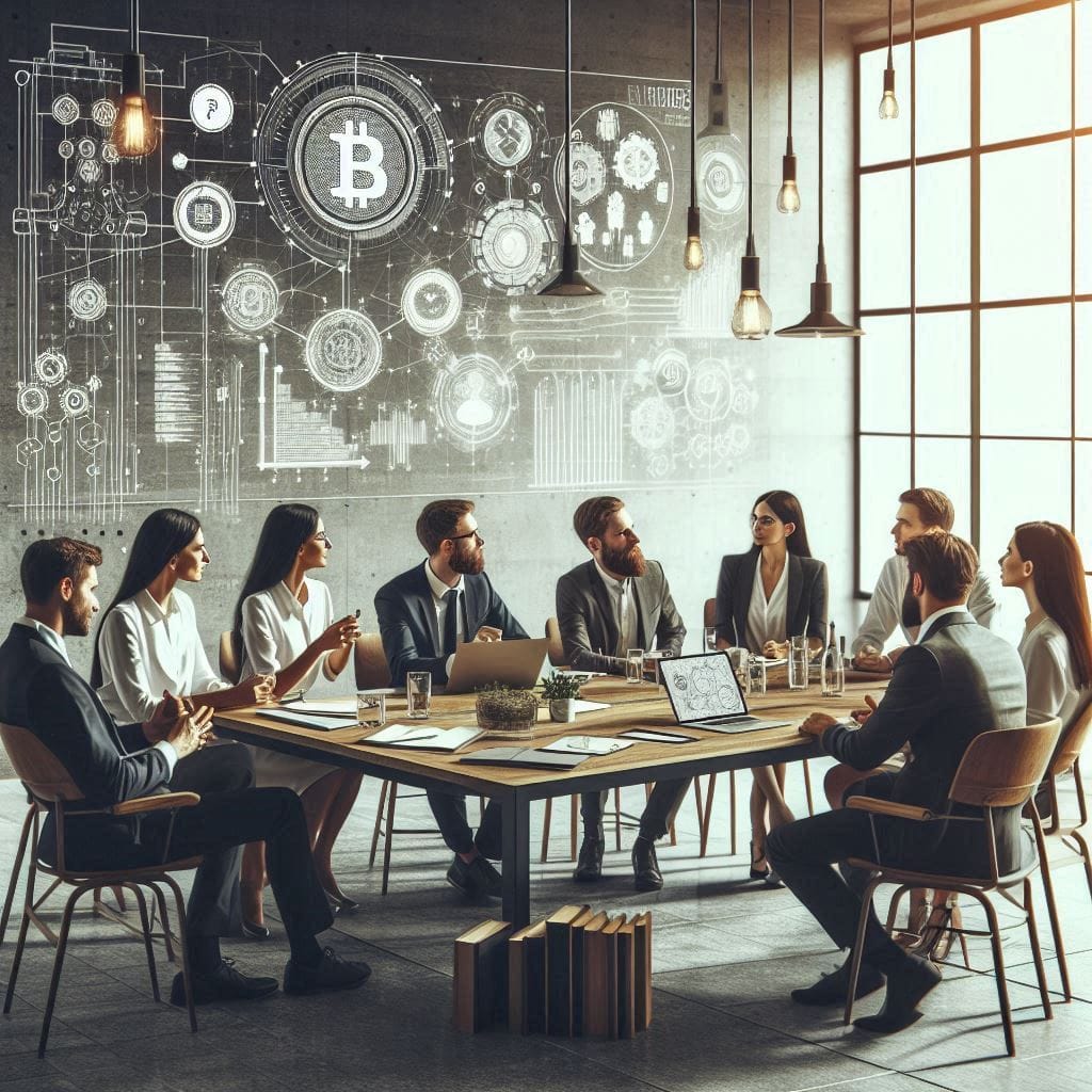 high-resolution image of a group of diverse individuals gathered around a table, engaged in a discussion about blockchain technology and social tokens. The setting should be a modern, well-lit conference room with large windows and minimalist decor. Include elements such as a whiteboard with sketches and diagrams, a laptop displaying a presentation, and a stack of books on the table. The people should be dressed professionally and appear to be in a serious yet enthusiastic conversation