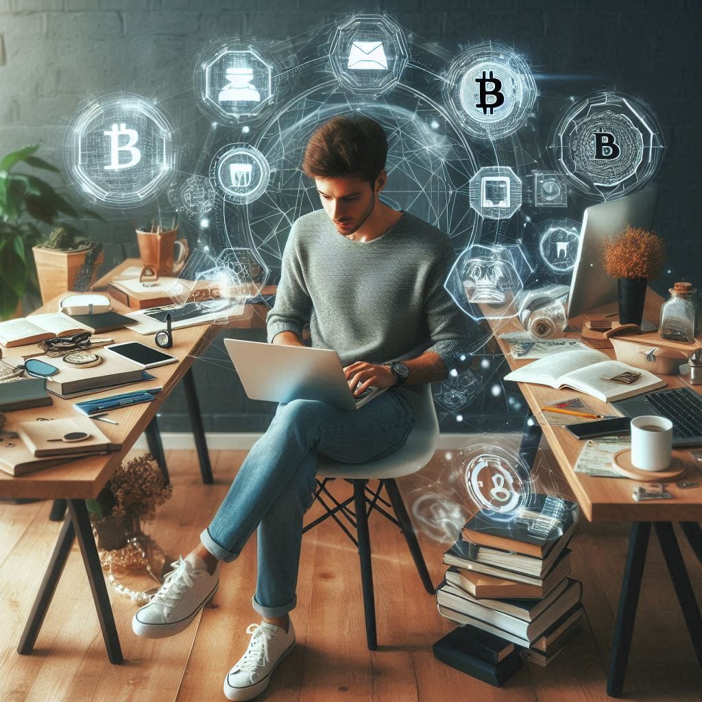 high-quality image of a young entrepreneur sitting at a desk, working on a laptop and surrounded by various objects related to the digital economy. Include elements such as a smartphone displaying a social media app, a mug with a cryptocurrency logo, a stack of books on entrepreneurship and innovation, and a plant for a touch of nature. The setting should be a cozy, well-lit home office with warm lighting and a minimalist aesthetic