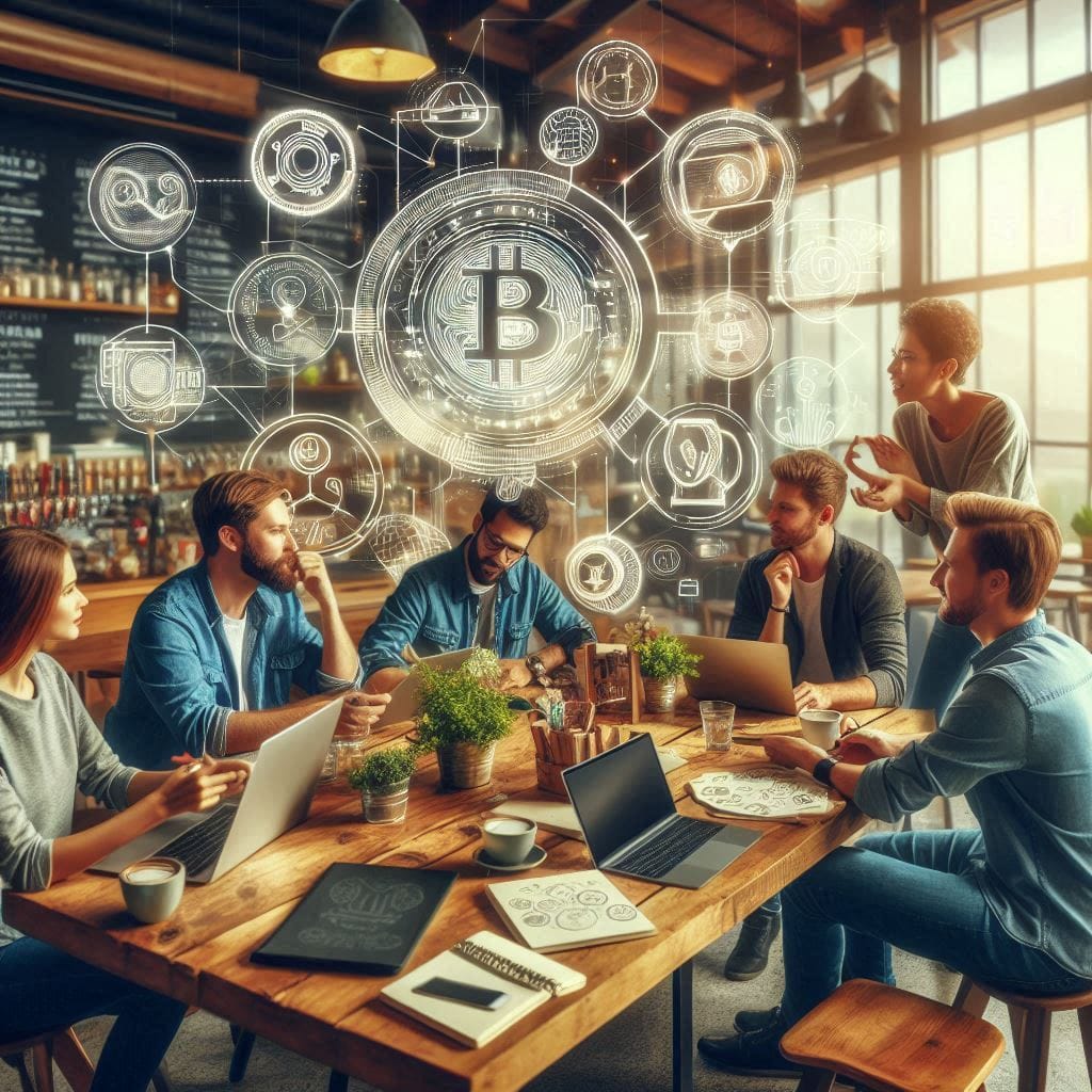 high-resolution image of a group of friends gathered at a cafe, discussing social tokens and their potential impact on the creator economy. The setting should be a modern, well-lit cafe with large windows, wooden furniture, and a chalkboard menu. Include elements such as a laptop displaying a social media platform, a smartphone showing a cryptocurrency app, and a stack of notebooks with sketches and ideas. The people should be dressed casually and appear to be engaged in a lively conversation