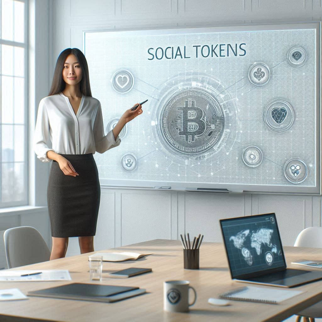 high-quality image of a woman standing in front of a whiteboard, presenting a concept related to social tokens and community engagement. The setting should be a well-lit conference room with minimalist decor and large windows. Include elements such as a laptop displaying a presentation, a stack of notepads and pens, and a mug with a cryptocurrency logo. The woman should be dressed professionally and appear to be delivering an engaging presentation