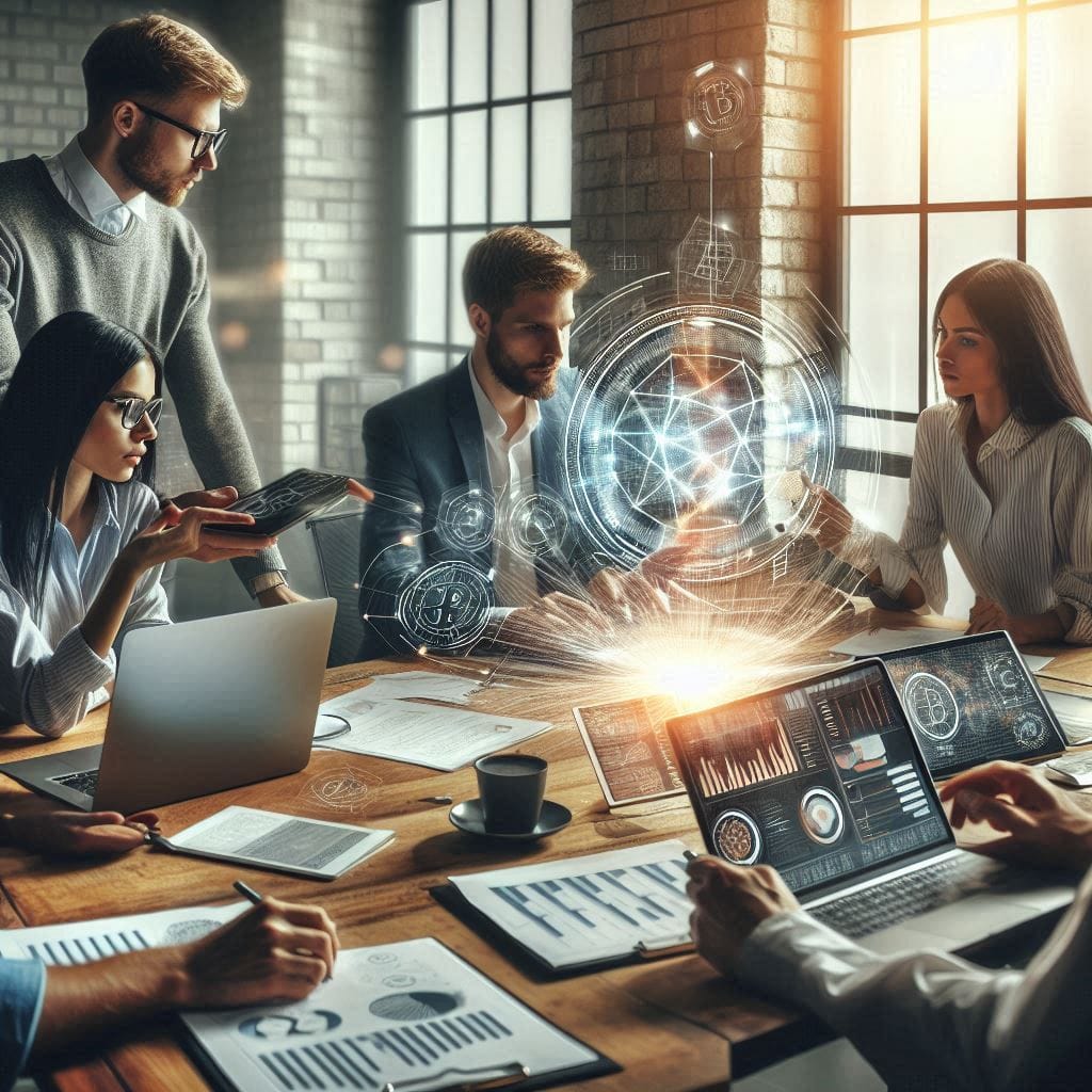 a dynamic scene in a stylish, modern office where a diverse team of young professionals is engaged in a brainstorming session. The image should show three individuals—two men and one woman—sitting around a conference table cluttered with laptops, financial reports, and coffee cups. One person is pointing at a digital tablet displaying blockchain data, while the others are taking notes. The office should have large windows allowing natural light to flood the space, creating an inviting atmosphere. The overall composition should convey collaboration, innovation, and the excitement of working on cutting-edge financial technology