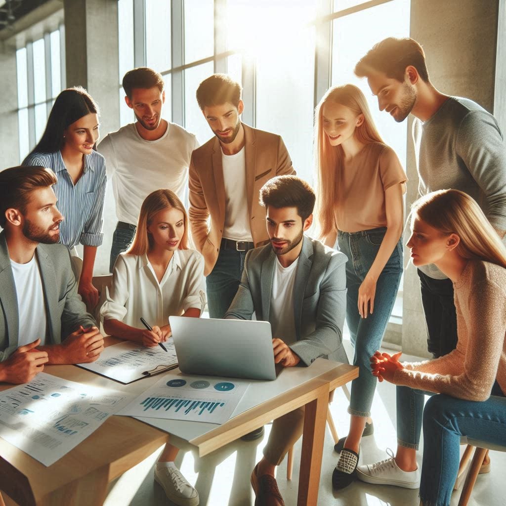 Generate a high-resolution image of a diverse group of young professionals, including men and women of various ethnicities, gathered around a sleek laptop in a modern, sunlit office space. The individuals should be engaged in a discussion about blockchain technology, with clear charts and graphs visible on the laptop screen, conveying a sense of collaboration and innovation. Natural light should flood the room, highlighting the team's enthusiasm