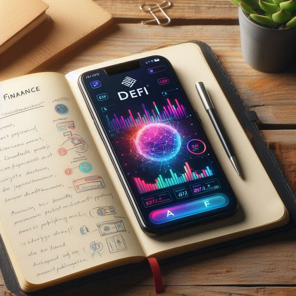 Create an image capturing a close-up view of a smartphone displaying a vibrant DeFi platform interface, complete with colorful graphs and live financial data, placed on a rustic wooden desk. Next to the phone, there should be a neatly organized notebook filled with handwritten notes about AI's applications in finance. The background must be softly blurred to emphasize the phone, while subtle textures of the desk add depth to the scene.