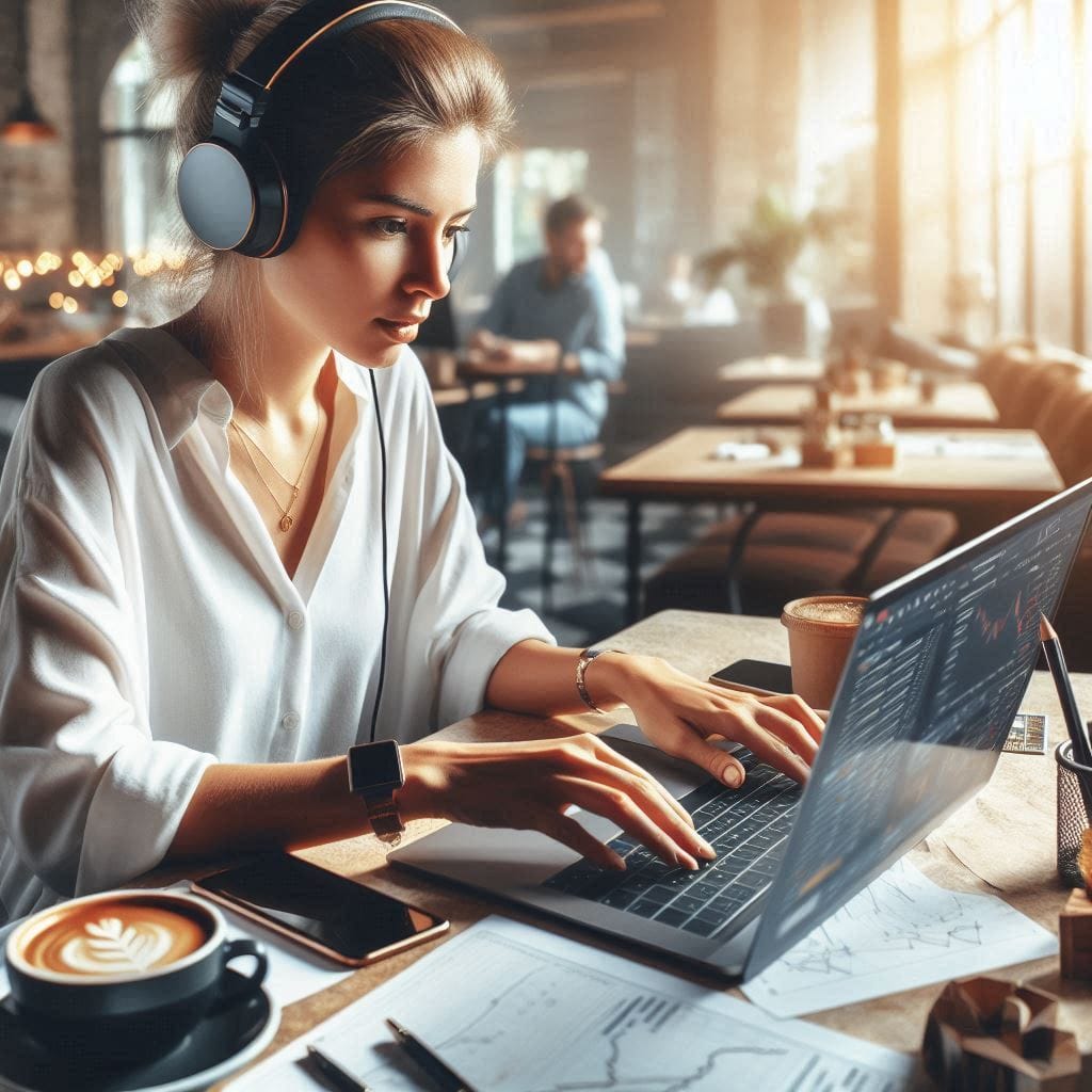 Produce a realistic image of a focused entrepreneur working diligently in a cozy, sunlit cafe. She should be wearing stylish headphones, fully immersed in her laptop screen, which showcases a dynamic cryptocurrency trading platform. Surrounding her are a cup of coffee and informal notes scattered over the table, all reflecting a productive yet relaxed work atmosphere