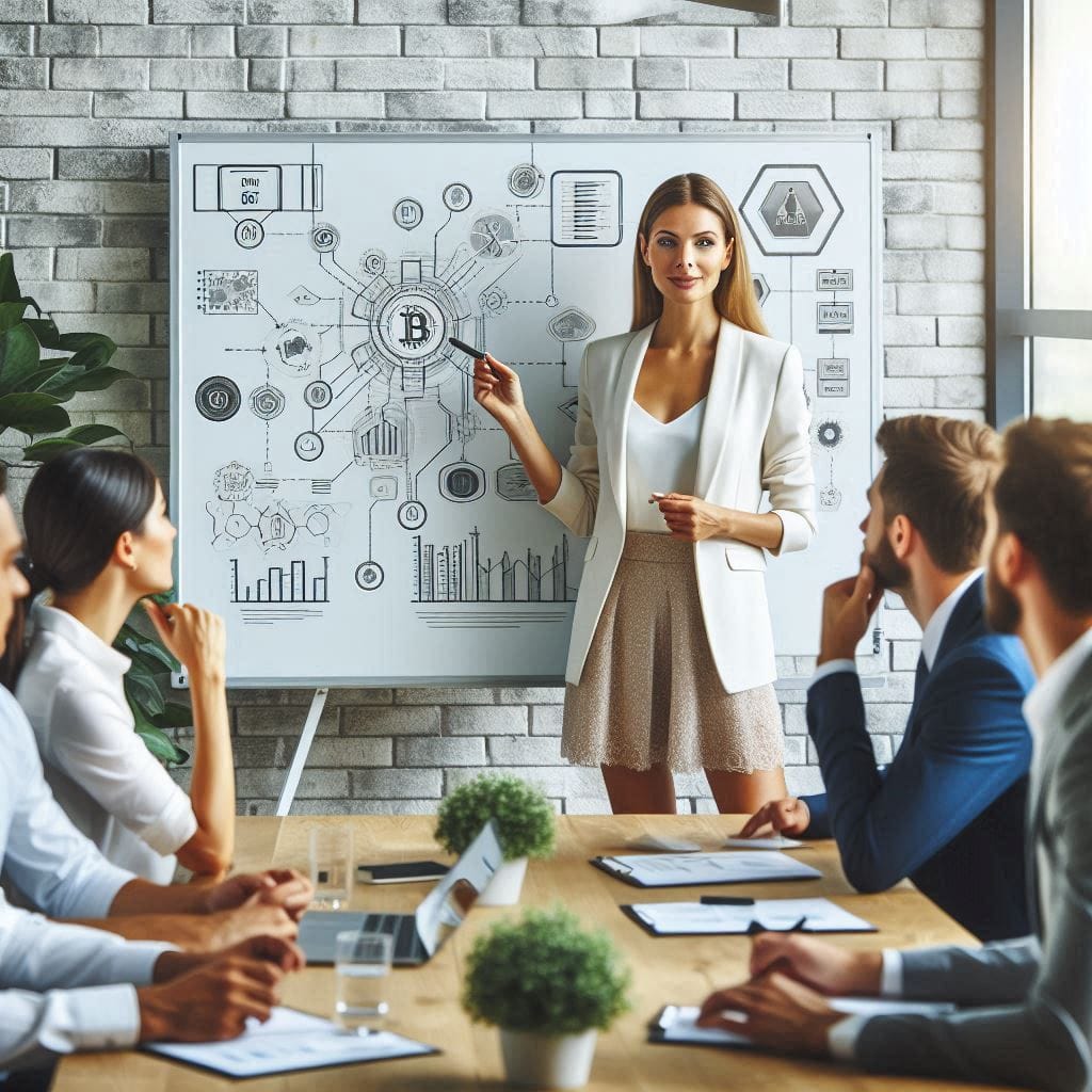 Create a high-quality image of a confident woman presenting a sophisticated financial concept on a whiteboard in a brightly lit conference room. The whiteboard should feature well-organized diagrams related to blockchain and AI technologies. Meanwhile, attentive team members in business attire take notes and engage in discussion, making the room feel professional yet inviting and collaborative