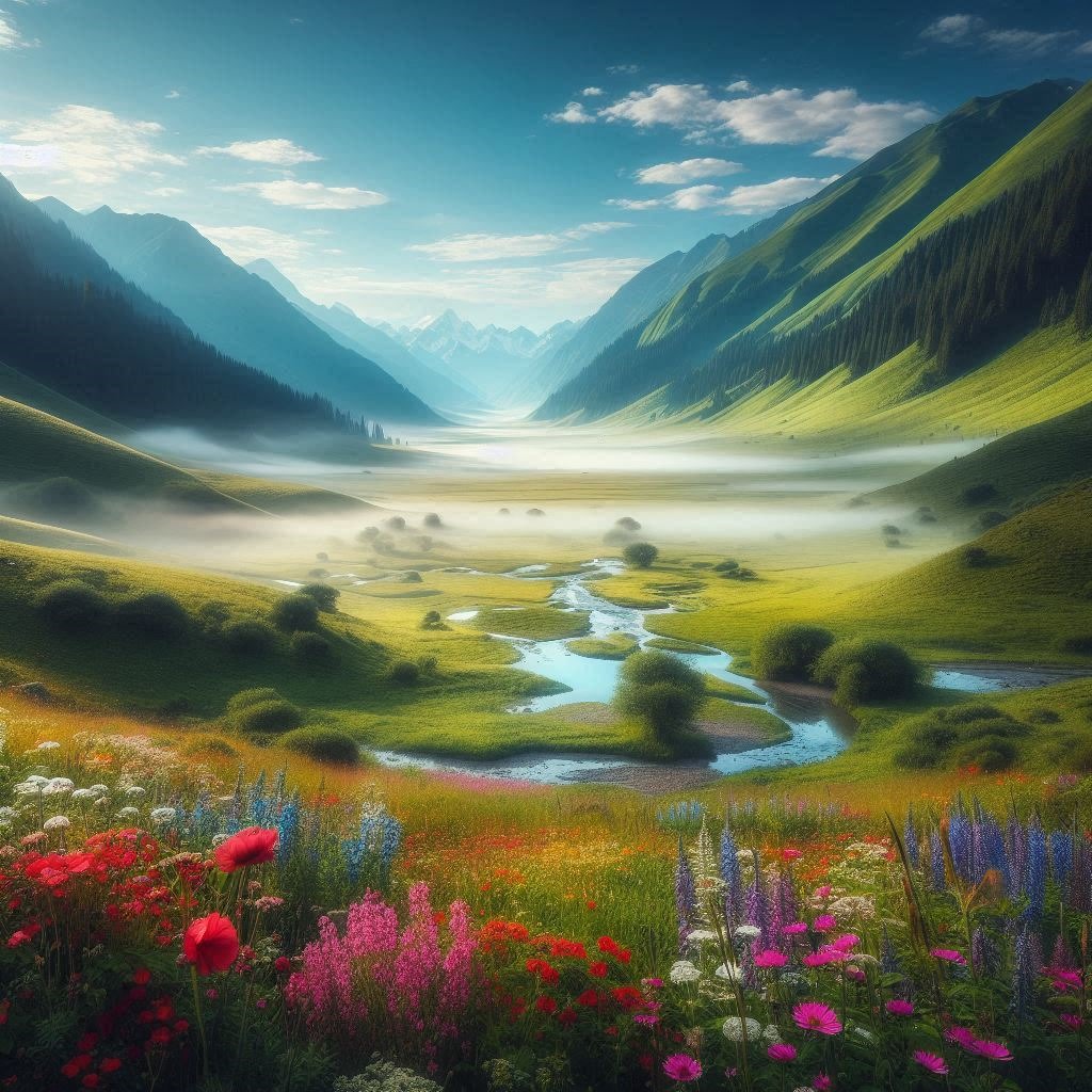 A vast, serene valley surrounded by mist-covered hills and lush green meadows. Vibrant wildflowers dot the landscape under a clear blue sky. Small streams flow gently through the valley, reflecting the surrounding scenery.