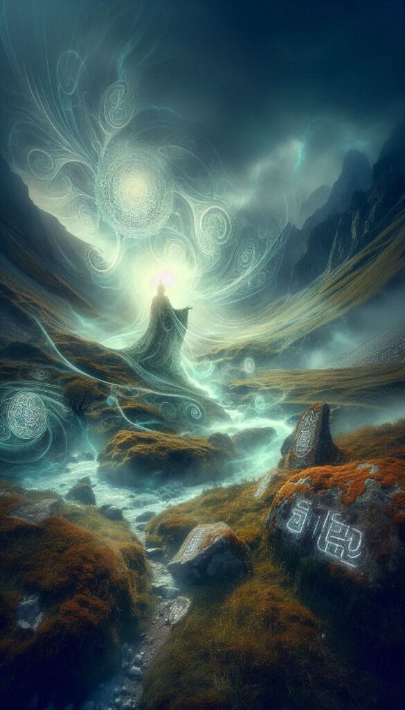 An ancient figure standing in the midst of Dzoku Valley, surrounded by swirling mist, with an ethereal light illuminating the landscape. Mysterious symbols etched on rocks and trees, blending nature with an air of ancient legend.