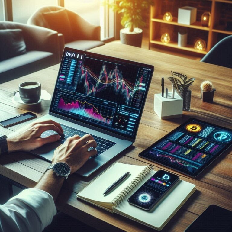 A visually striking image of a person sitting at a stylish desk with a laptop open to a DeFi dashboard displaying vibrant cryptocurrency charts and analytics. The scene includes a digital tablet and a smartphone beside the laptop, with coffee and a notepad filled with handwritten notes. Soft natural light filters through a nearby window, highlighting the modern decor of the workspace, creating an inviting and professional atmosphere