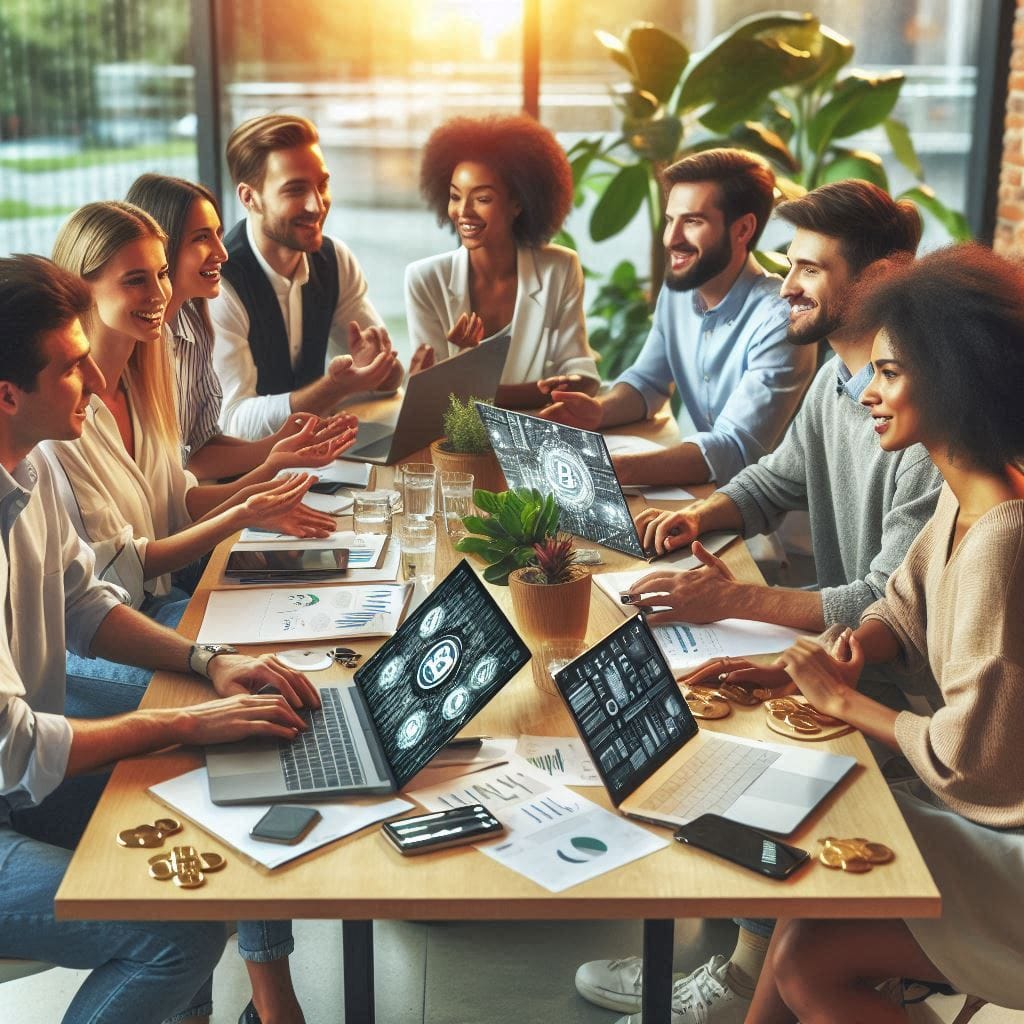 A diverse group of young professionals engaged in a lively discussion around a table filled with laptops and digital devices, showcasing interest in blockchain technology and decentralized finance. The setting is a contemporary co-working space with greenery in the background