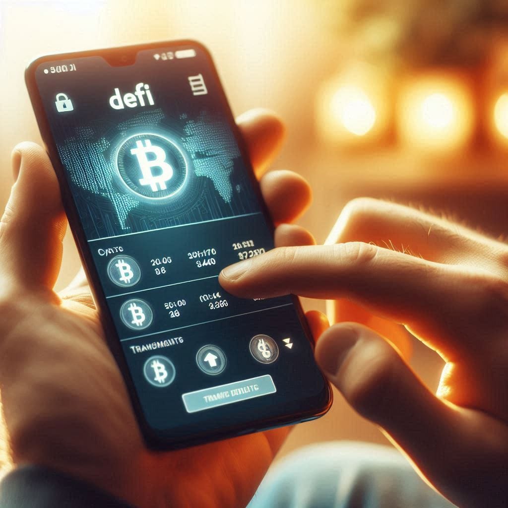 A close-up shot of hands holding a smartphone displaying a DeFi app interface, with cryptocurrency symbols and transaction details visible on the screen. The background is softly blurred to emphasize the phone and hands