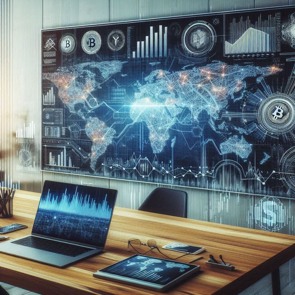 An artistic representation of digital financial data visualization on a large screen in an office environment, showing dynamic graphs, charts, and cryptocurrency logos. The image should convey a sense of innovation and technological advancement