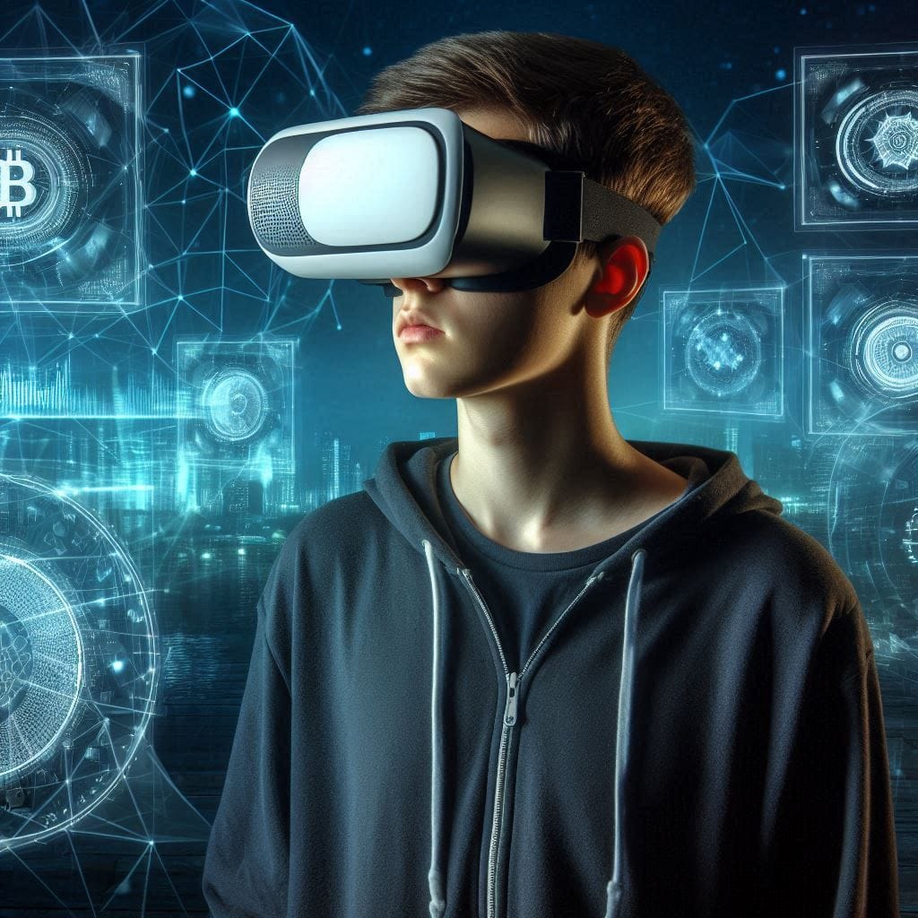 A young adult wearing a virtual reality headset, immersed in an interactive financial simulation related to decentralized finance. The background should include futuristic elements like holographic displays of cryptocurrency data.